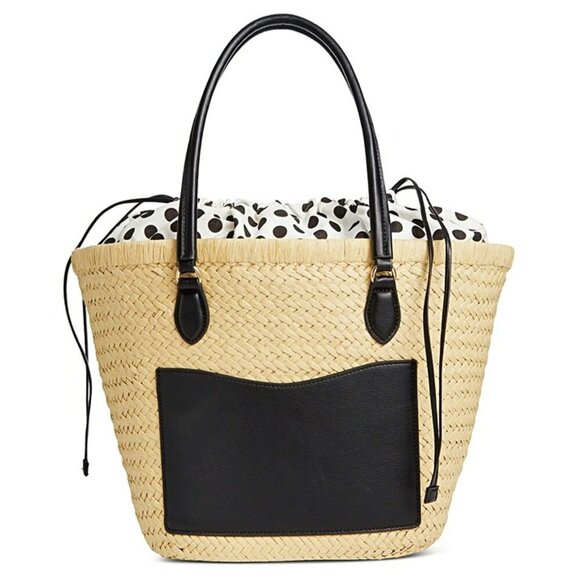 On 34th Isabellaa Women's Straw Medium Drawstring Tote Black Dot (MSRP $130) - Picture 1 of 8